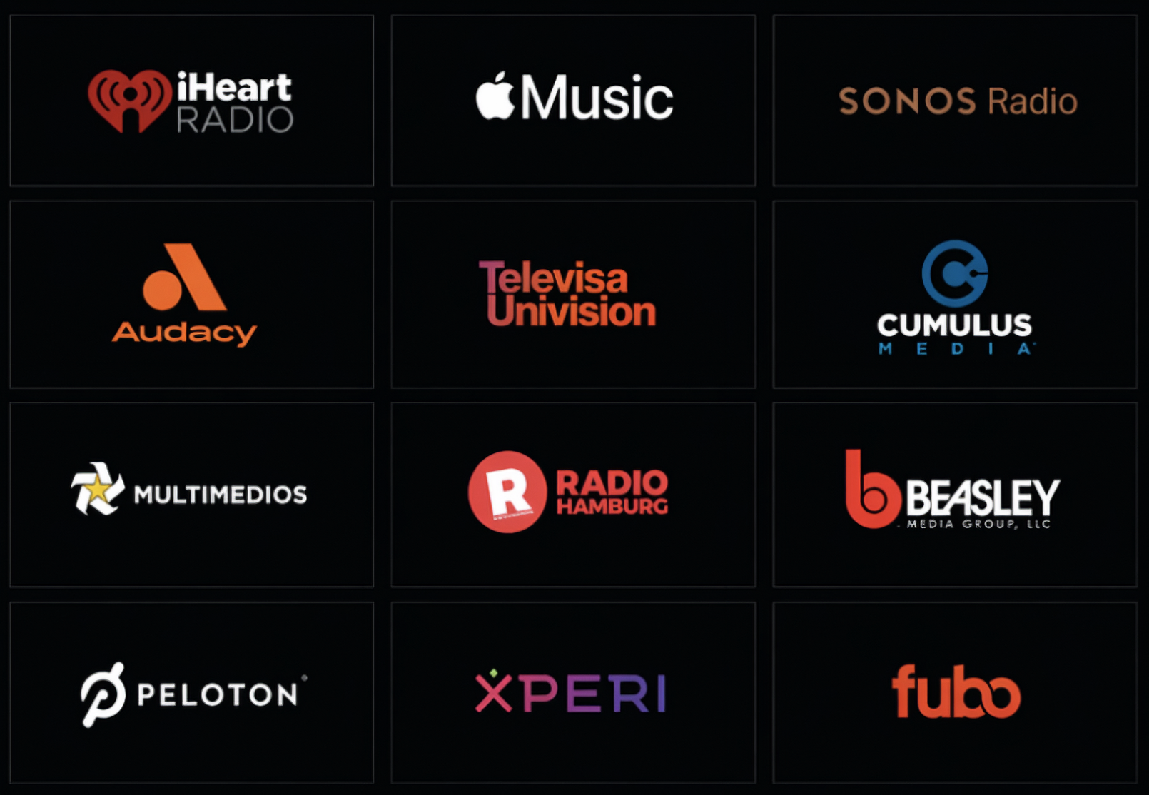 Radio partners powered by Super Hi-Fi — iHeartRadio, Apple Music, SONOS Radio, Audacy, Televisa Univision, Cumulus Media, Multimedios, Radio Hamburg, Beasley Media Group, Peloton, Xperi, fubo