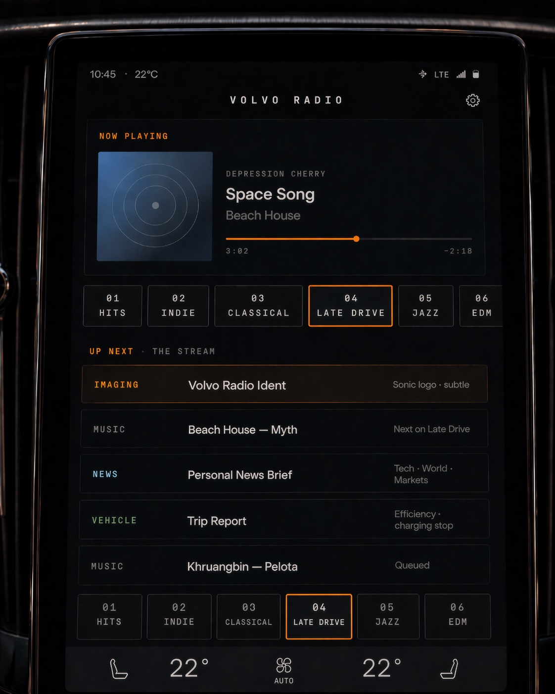 Volvo Radio concept UI rendered in an EX90 dashboard