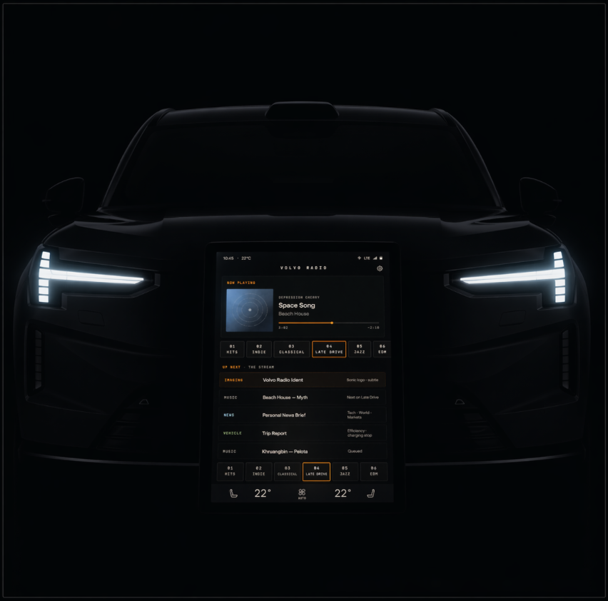 Volvo front view with Volvo Radio UI rendered on the center display